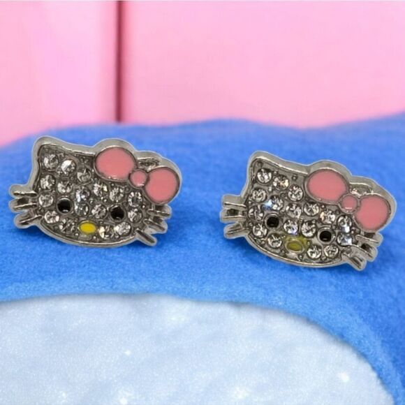 Hello Kitty Earrings Rhinestone Enamel Pink Bow Pierced Ears Cat Studs Jewelry - Picture 5 of 8